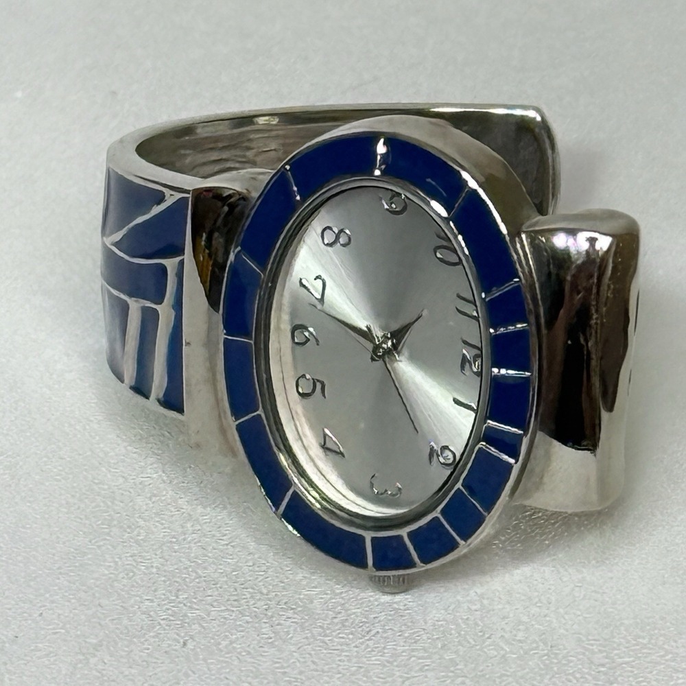 Open Cuff Womens Analog Watch Silver Tone Blue Oval Dial 6.5" Japan Movement - Picture 8 of 8
